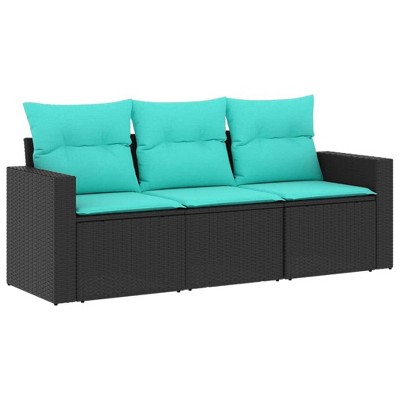 vidaXL Patio Sofa Set with Cushions - 3 Piece Black/Blue Poly Rattan Outdoor Furniture for Terrace, Garden, or Deck - Modular Design