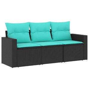 vidaXL Patio Sofa Set with Cushions - 3 Piece Outdoor Furniture, Black PE Rattan with Blue Cushions - 1 of 4