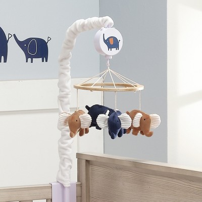 Blue and Caramel Velour Elephant Musical Baby Crib Mobile