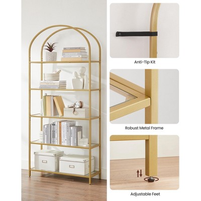Gold Arched 5-Tier Bookcase with Glass Shelves