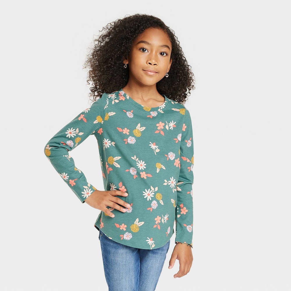 Girls' Floral Printed Long Sleeve T-Shirt - Cat & Jack Dusty Green L