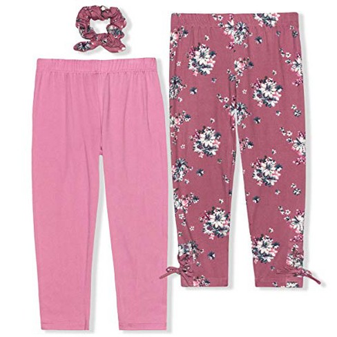 Young Hearts Girl's Fashionable Printed And Solid Legging Pants, 2 Piece  Bottoms With Hair Bow Scrunchie Set, Floral, Mauve, Pink / Size 10 : Target