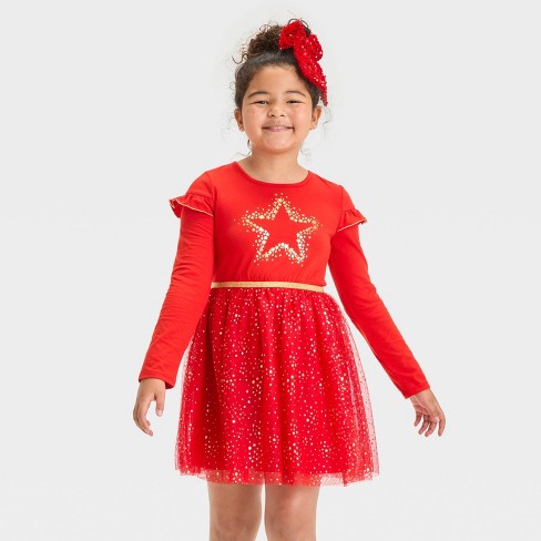 Girls Long Sleeve Holiday star Tulle Dress Cat Jack Red Target