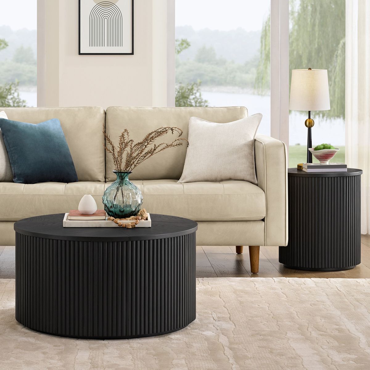 Alaterre Furniture Amos Round Coffee Table for Living Room - 30 Inch Solid Wood Center Table - Mid Century Modern Living Room Furniture (Black) - thumbnail 3