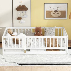 Montessori Floor Bed for Kids, Safe Bed with Fence and Door, Low to Ground Design, Bed with Pine Wood Frame-Baofuwish - 1 of 4