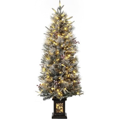Artificial Christmas Tree Pre-Lit Christmas Tree with Snowflakes and Red Berries, Christmas Tree with White Elk Base for Home, Porch, Office
