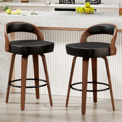 SKRAN Swivel PU Leather Bar Stools Set of 2  Walnut Counter Height Bar Stools with Back and Arms Curved Back & Adjustable Anti-slip Foot Pads