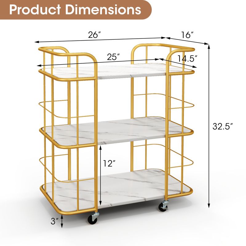 Costway 3-Tier Kitchen Storage Utility Cart Gold Rolling Bar Serving w/Lockable Casters, 3 of 11