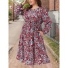 Women's Plus Size Boho Floral Smocked Waist Notched Neck Long Sleeve Chiffon A Line Midi Dresses with Pockets - Agnes Orinda - 2 of 4