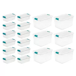 Sterilite Clear 6 Quart Easy Latching Storage Box with White Lid, 12 Pack, and Clear 64 Quart Easy Latching Storage Box with White Lid, 6 Pack