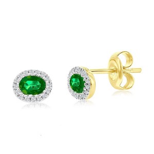 Classic Gold 14K Yellow Gold, 4x3mm Oval Emerald (0.35ct) & Diamond Studs - (32 Stones) - Green - 1 of 3