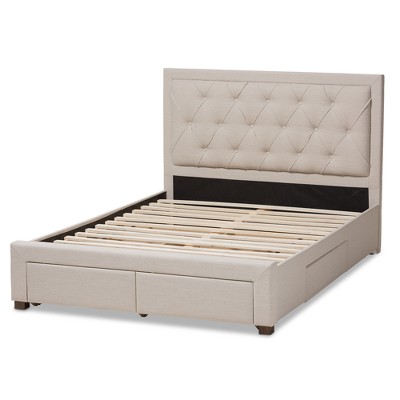 Luxurious King-Sized Light Beige Upholstered Bed with Tufted Headboard and Storage Drawers