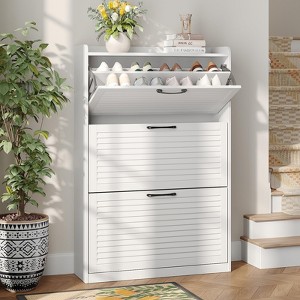 Shoe Cabinet with Flip Louvered Doors, Narrow Shoe Rack with Metal Hinges - 1 of 4