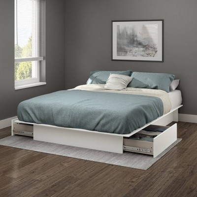 Queen White Wood Platform Bed with Storage Drawers