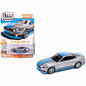 2017 Ford Mustang GT Tribute Edition Ingot Silver Metallic with Petty Blue and Red 1/64 Diecast Model Car by Auto World - 1 of 4