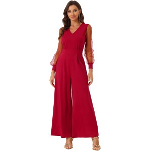 Allegra K Women's Elegant V Neck Mesh Long Sleeve Loose Wide Leg Party Jumpsuits - 1 of 4