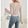 Women Tops Knit Sweetheart Neckline Front Drawstring Ribbed Cropped Long Sleeve Tee Pullover - 2 of 3