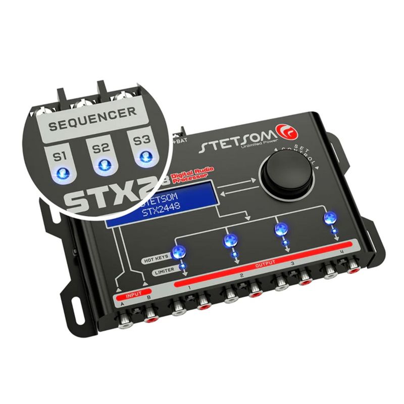 Stetsom STX2448 DSP 4 Channel Crossover and Equalizer Signal Processor Car Audio Sequencer with 2 Inputs, Audio Treatment, and LED Limiter, Black, 3 of 7