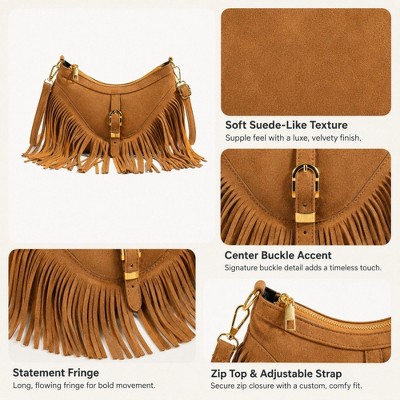 Alilang Women's Studded Fringe Crossbody Bag Suede Look Crescent Shoulder Purse with Adjustable Strap - Brown — фото 3