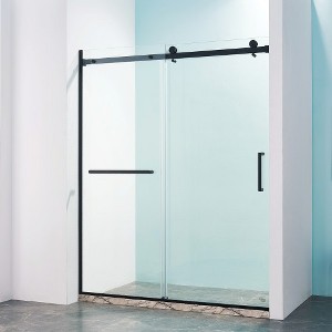 Zevemomo 56-60"Wx75" H Semi-Frameless Shower Door, Single Slide Glass with 5/16" (8mm)Clear Shatterproof SGCC Tempered Glass& Handle,Matt Black Finish - 1 of 4