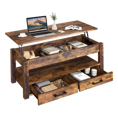 Hausource 41.7" Lift Top Coffee Table with Hidden Storage, 2 Drawers & Open Shelf