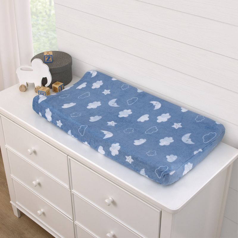 Carter's Blue Elephant - Chambray, and White Clouds, Moon and Stars Super Soft Contoured Changing Pad Cover, 2 of 4