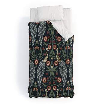 Twin Extra Long Emanuela Carratoni Peacocks and Berries Polyester Duvet Cover + Pillow Shams Blue - Deny Designs