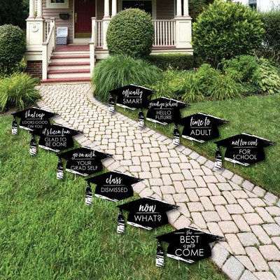 Big Dot of Happiness Black and White Grad - Best is Yet to Come - Grad Cap Lawn Decorations - Outdoor Grad Party Yard Decorations - 10 Piece