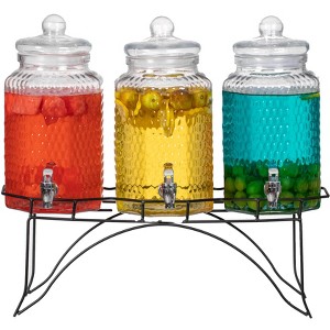 Basicwise 3-Piece Glass Drink Dispenser Set with Metal Stand and Stainless Steel Spigot - Beverage Dispensers for Lemonade, Juice, Water, and Punch - 1 of 4
