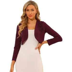 INSPIRE CHIC Women's Elegant Long Sleeve Floral Lace Panel Knit Crop Cardigan Shrug - 1 of 4