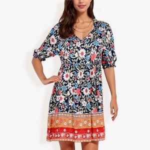 Anna-Kaci Women's Floral Print Short Sleeve Bohemian Tunic Dress With V-Neckline - 1 of 4
