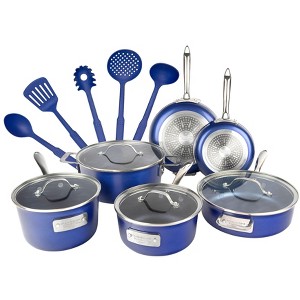 Granitestone Blue 15 Piece Stackmaster Nonstick Cookware Set with Glass Lids - 1 of 4