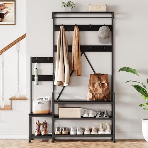 Hall Tree, Coat Rack with Shoe Storage, Coat And Shoe Rack Entryway, Large Organizer with Shoe Rack, Storage Cubbies, Hooks, and Top Shelf - 1 of 4