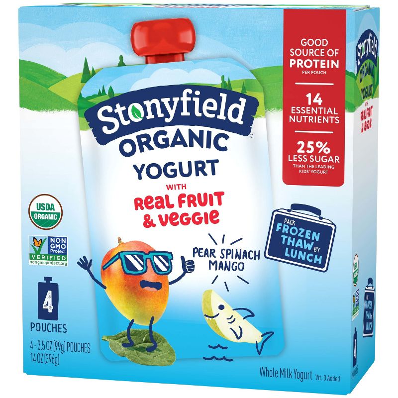 Stonyfield Organic Whole Milk Pear Spinach Mango Kids&#39; Yogurt - 4ct/3.5oz Pouches, 1 of 13