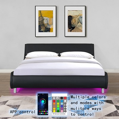 Queen Bed Frame Curve Design Faux Leather Upholstered Platform Bed Easy Assembly Bed Frame With LED Lighting Remote Control Platform Bed
