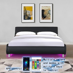 Queen Bed Frame Curve Design Faux Leather Upholstered Platform Bed Easy Assembly Bed Frame With LED Lighting Remote Control Platform Bed - 1 of 4
