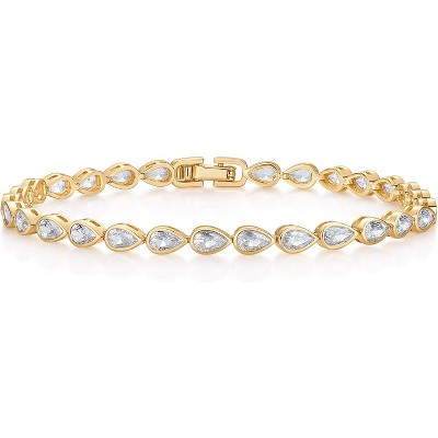 14K-18K Gold Plated Simulated Diamonds Bezel Set Tennis - Round Pear Heart Statement Bride Gold Bracelet Stack - Sizes 6.5-7.5 Inch