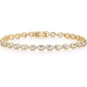 14K-18K Gold Plated Simulated Diamonds Bezel Set Tennis - Round Pear Heart Statement Bride Gold Bracelet Stack - Sizes 6.5-7.5 Inch - 1 of 4