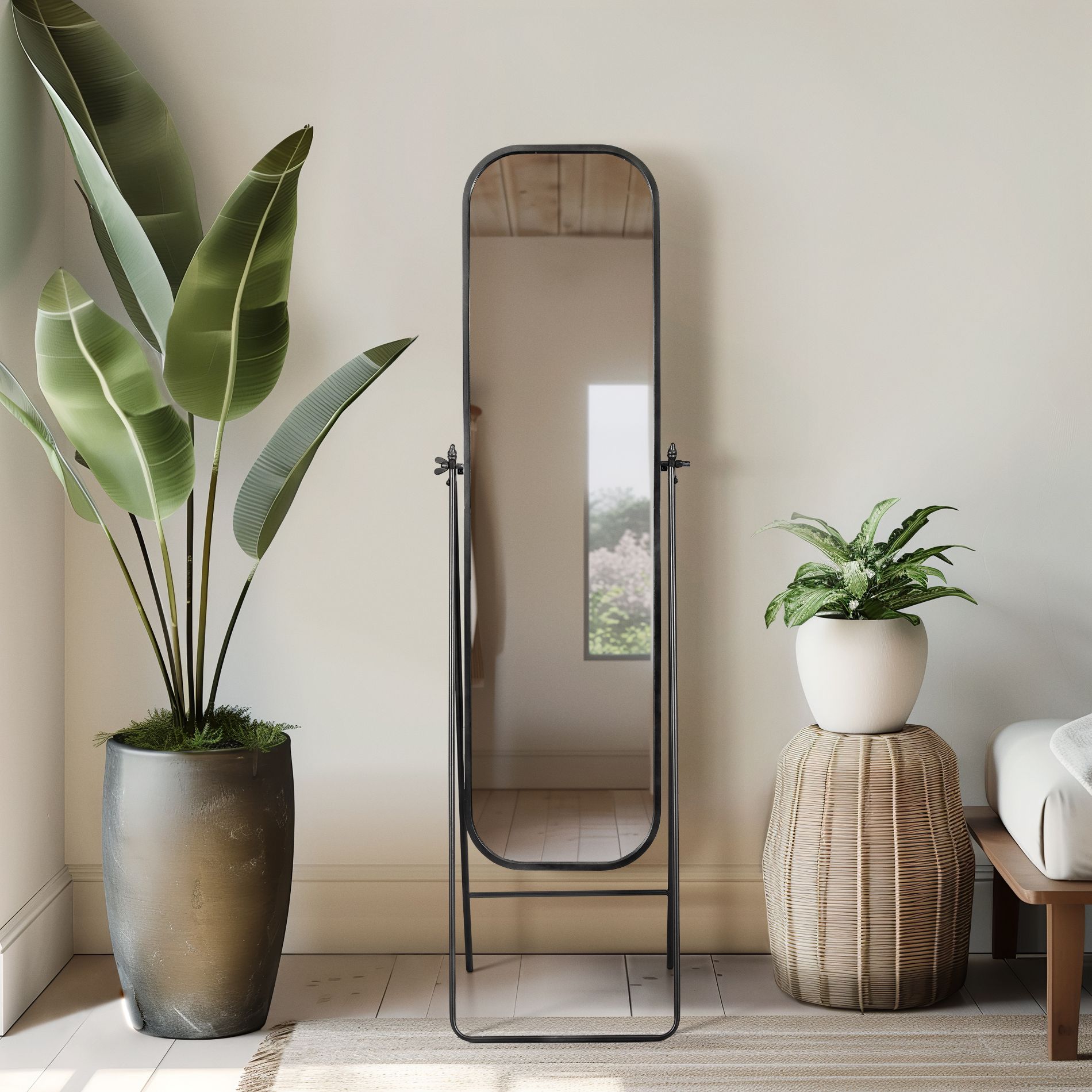Modern Full Length Mirror - Metal, Glass, Wood, Iron Frame for Bedroom, Living Room, or Home Office Decor - 70" Black