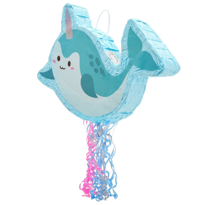 Blue Panda Pull String Narwhal Pinata for Kids Birthday Party Supplies, Under the Sea Party Decorations (Small, 16.5 x 12.3 In), 5 of 9
