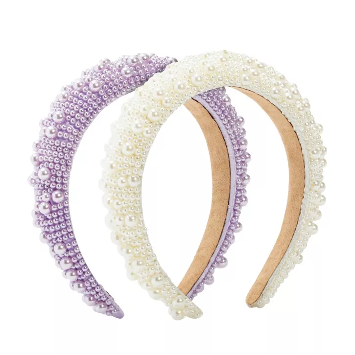 Glamlily 2 Pack Padded Pearl Headbands, Crystal Rhinestone Hair Accessories