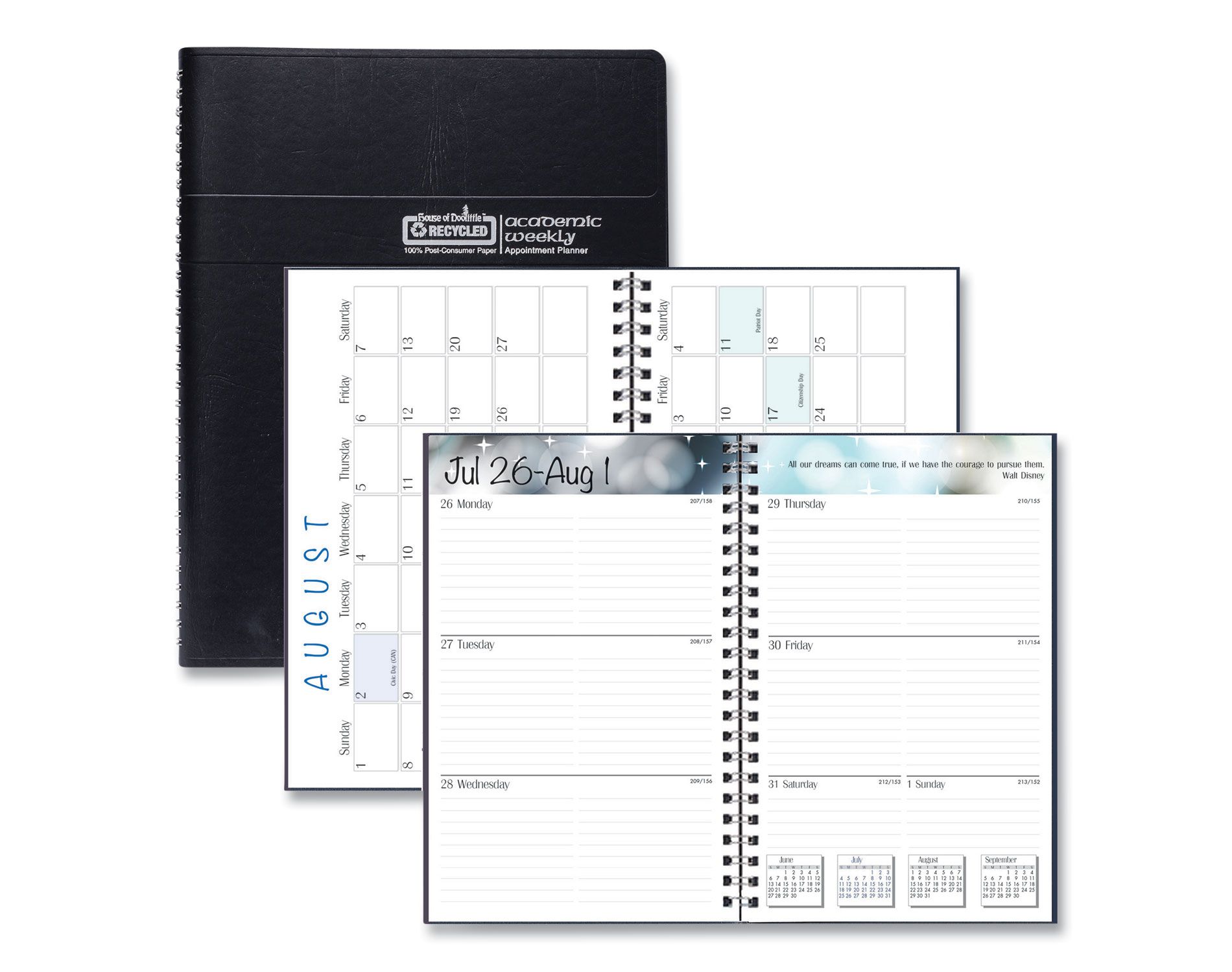 Recycled Academic Weekly/Monthly Appointment Planner, 8 x 5, Black Cover, 13-Month: Aug 2025 to Aug 2026