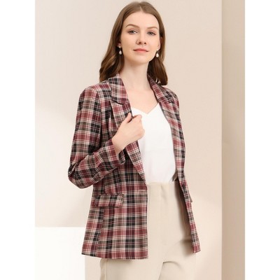 Женские пиджаки INSPIRE CHIC Women's Notched Lapel One Button Houndstooth Work Plaid Suit Blazer Small Brown Red — фото 3