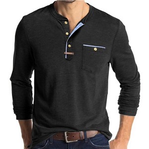 Men's Henley Shirt with Contrast Trim, Round Neck Long - Sleeve Button - Down T - Shirt with Pocket, Casual and Stylish Top for Daily Wear - 1 of 4