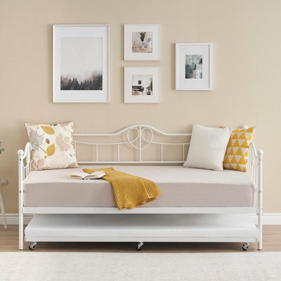 Twin Daybed with Trundle, Metal Sofa Bed Frame with Backrest and Lockable Wheels, Sturdy Steel Slats, Art Headboard, for Living Room Bedroom