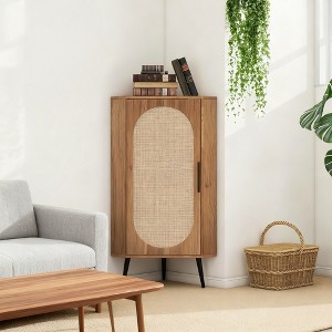 BAOURE Rattan Door Corner Cabinet, Walnut Freestanding Corner Storage Shelf with Adjustable Shelves for Living Room, Kitchen, Bathroom - 1 of 4
