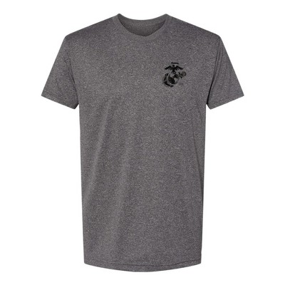 OUTSIDE THE WIRE Leatherneck for Life Heather Charcoal Left Chest Eagle, Globe, and Anchor Established Performance T-Shirt- Black Logo