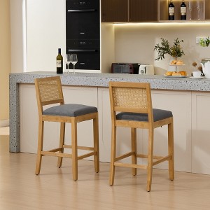 QingMoon Rattan-Back Bar Stools, Upholstered Wooden Counter Height Chairs Set of 2, with High-Resilience Foam and S-Springs for Kitchen Island, Pub - 1 of 4