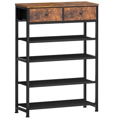 USIKEY Shoe Rack, 5 Tier Shoe Storage Organizer with 2 Drawers, Metal Shoe Shelf for 12-16 Pairs of Shoes, with 4 Fabric Shelves and Wooden Top