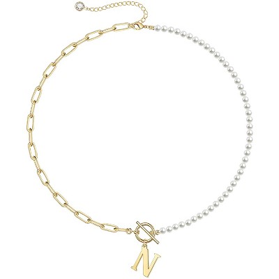 Elegant 14K Gold Plated Initial Pearl Link Chain Necklace: A Personalized and Timeless Treasure for Every Occasion.